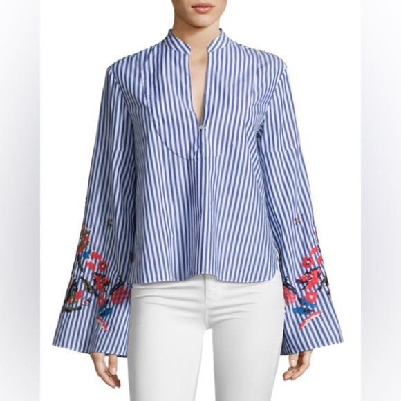 Tanya Taylor Tops - Tanya Taylor
Klara Embroidered Menswear Stripe Top, Blue/White